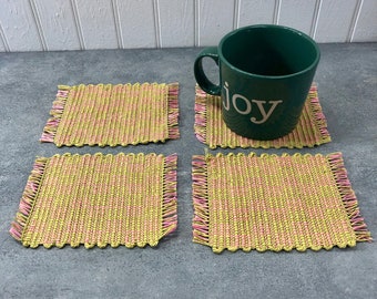 Large Coaster, Set of 4,  Pink & Green Subtle Check Pattern, Mug Rugs, HANDWOVEN, Plant Mat, Mini Placemat, Great Gift for Home!