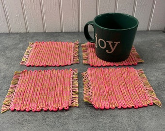 Large Coaster, Set of 4,  Salmon Pink, Mug Rugs, HANDWOVEN, Plant Mat, Mini Placemat, Great Gift for Home!