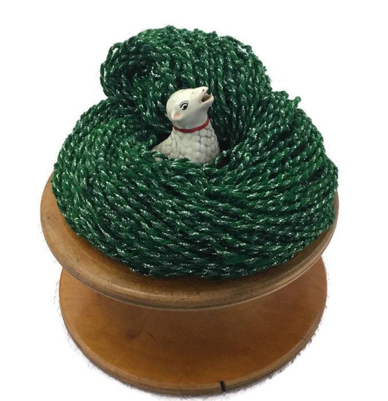 Hand Spun, Art Yarn, 3 ply, Glittery Metallic Thread & Green Wool, Handspun, Knitting, Crochet, Weaving Supply, o1 image 4