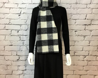 SCARF, Plaid Wool & Silk Lined, Black and White, REVERSIBLE Wrap, Unisex Scarf, Repurposed, Eco Friendly Fashion, Gift for Him