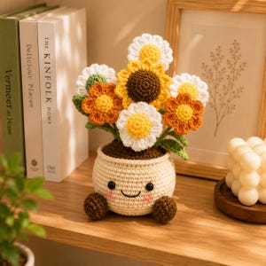 Handmade Crochet Smiling Flower Pot with Sunflower and Daisies | Amigurumi Floral Plush | Cute Desk Decor & Gift YO5S05