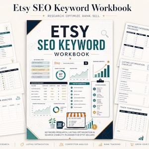 May include: A 43-page Etsy SEO Keyword Workbook in PDF format, featuring a cover page titled Etsy SEO Keyword Workbook with charts, graphs, and checklists. The document includes sections for keyword brainstorming, research, competitor analysis, and ranking tracking, all designed for 8.5 by 11 inch US-letter size paper.