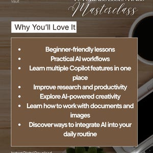 May include: A digital flyer titled Microsoft AI Tools Tutorials Essentials Masterclass. The text lists features including beginner-friendly lessons, practical AI workflows, Copilot features, research, productivity, creativity, document and image work.