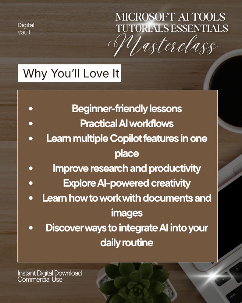 May include: A digital flyer titled Microsoft AI Tools Tutorials Essentials Masterclass. The text lists features including beginner-friendly lessons, practical AI workflows, Copilot features, research, productivity, creativity, document and image work.