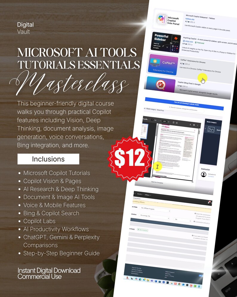 May include: A digital course advertisement titled Microsoft AI Tools Tutorials Essentials Masterclass. It lists features like Copilot Vision, document analysis, and AI research. A red starburst graphic displays the number 12, and a vertical screenshot shows various software interface panels.