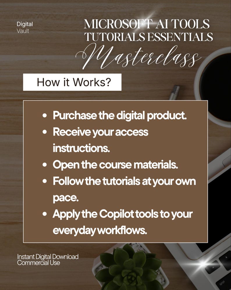 May include: A digital product flyer titled Microsoft AI Tools Tutorials Essentials Masterclass. It outlines a five-step process: purchase, receive instructions, open materials, follow tutorials, and apply Copilot tools to workflows. Includes text: Digital Vault, How it Works?, Instant Digital Download, Commercial Use.