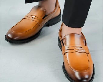Men's Tan Penny Loafers Genuine Leather Slip On Dress Shoes Handmade