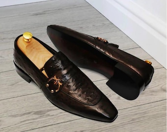 Handmade Ostrich embossed Texture Leather Loafers - Men's Formal Shoes