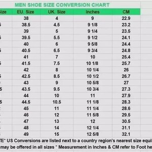 K&ouml;nnte beinhalten: Eine Schuhgr&ouml;&szlig;en-Umrechnungstabelle mit einer gr&uuml;nen Kopfzeile mit der Aufschrift MEN SHOE SIZE CONVERSION CHART. Die Tabelle listet US-, EU- und UK-Gr&ouml;&szlig;en sowie entsprechende Ma&szlig;e in Zoll und Zentimetern von Gr&ouml;&szlig;e 5 bis 16 auf.