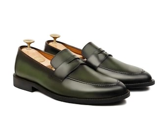 Men’s leather penny loafers, handmade  slip on dress shoes