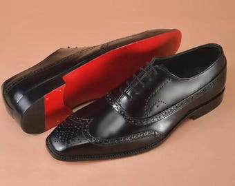 Handmade Black Calf Leather Wingtip Oxford Shoes, Red Sole, Bespoke Men's Formal Footwear