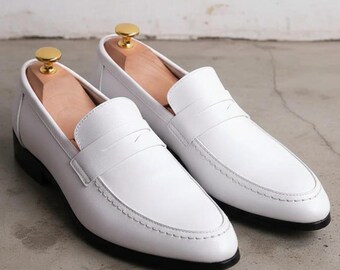 calf leather loafers, groom shoes, handmade white custom mens shoes, gift for him