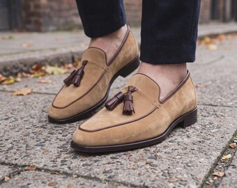 Handmade Brown Suede Tassel Loafers for Men – Classic Slip-On Dress Shoes