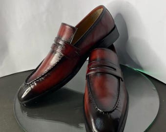 Men’s burgundy penny loafers, leather slip on dress shoes, formal oxford style
