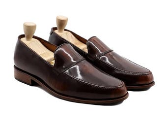 Men’s brown penny loafers, handmade leather slip on, moc toe dress shoes