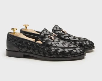 Men's Black Handwoven Horsebit Loafers Leather Slip On Wedding Dress Shoes