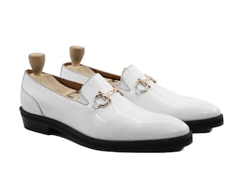 White patent horsebit loafers for men, leather slip on dress shoes
