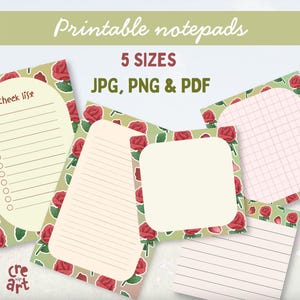 Può includere: Una collezione di blocchi note stampabili con un motivo ripetuto di rose rosse e foglie verdi su sfondo verde salvia. Il set include cinque dimensioni in formato JPG, PNG e PDF, con vari layout tra cui rigati, a quadretti e vuoti.