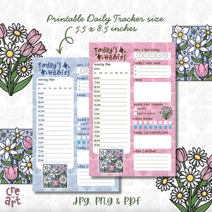 Op de afbeelding: Twee printbare dagelijkse gewoonte-trackerbladen van 13,97 x 21,59 cm, één in blauw en één in roze. Elk blad bevat een urenschema van 6:00 tot 21:00 uur, een stemmingstracker, een doelenlijst, notities, een gewoonte-tracker en waterinname.