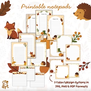 May include: A collection of printable notepads featuring autumn-themed illustrations including foxes, hedgehogs, pumpkins, acorns, and leaves. The designs include lined and grid paper layouts with the text "check list" and "3 Color/design Options in JPG, PNG & PDF Formats".