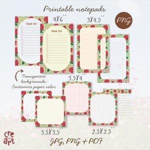 Set de blocs de notas con rosas, listas y hojas imprimibles en 5 tamaños (PNG JPG PDF)