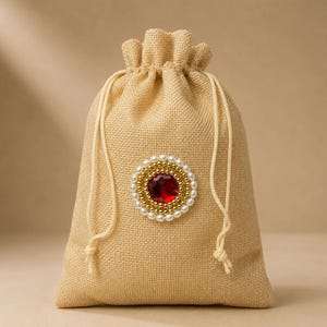 May include: A beige burlap drawstring pouch featuring a central circular embellishment. The decoration consists of a large, faceted red gemstone surrounded by a ring of small gold beads and an outer border of white faux pearls.