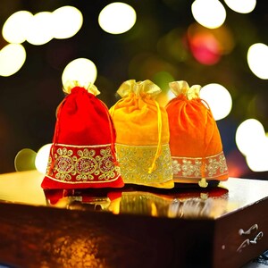 Traditional Indian Velvet Potli Bags with Zari Work, Drawstring Purse (Set of 20)