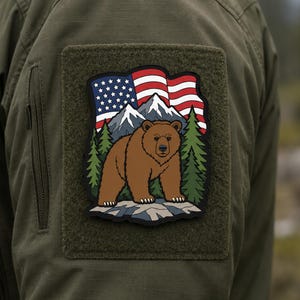 3D PVC American Flag Grizzly Bear Patch | Tactical Wilderness Backpack Gear