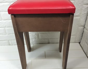 Vintage Japanese Sewing Stool with Storage, Red Vinyl Seat, Showa Retro Craft Chair