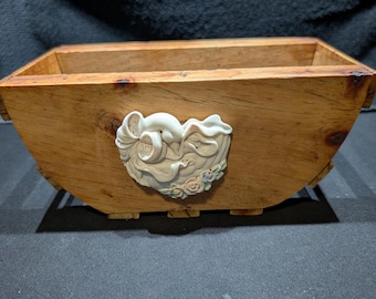 Shabby Chic Wooden Basket / Planter /Trough with Porcelain Swan & Pastel Rose Medallion