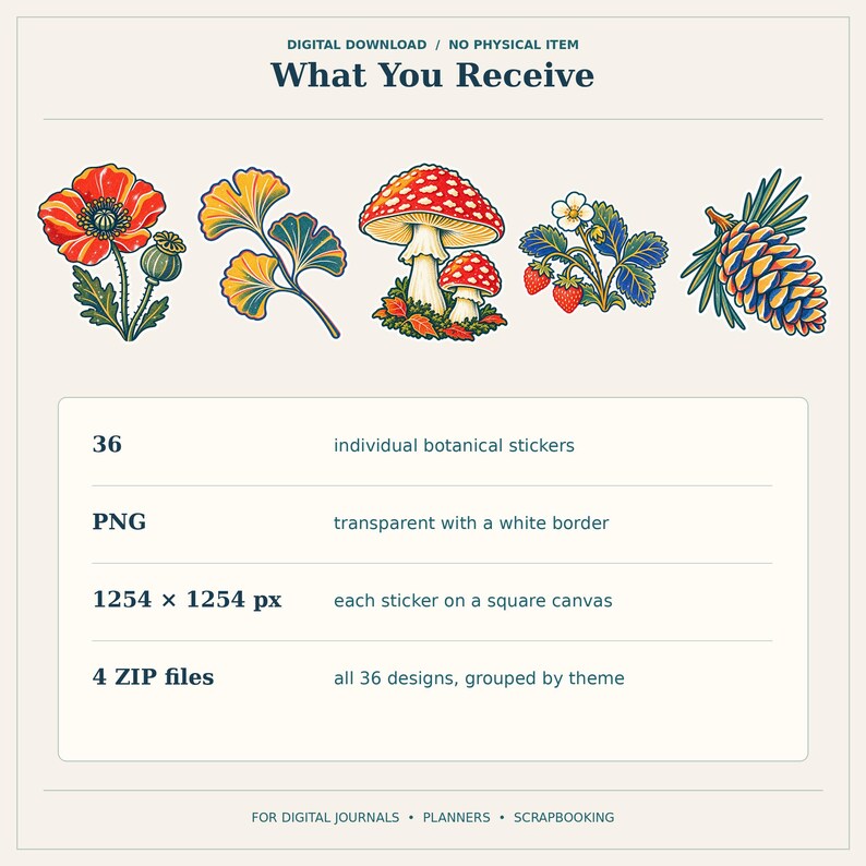 Botanical Field Notes Digital Stickers | 36 Colorful Rubber Stamp Pngs ...