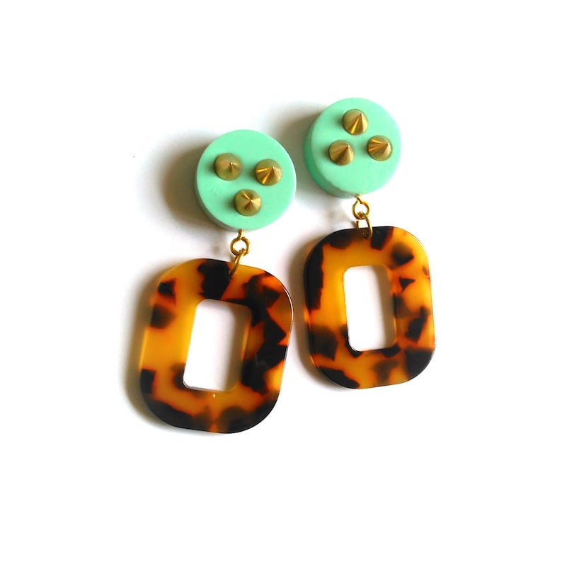 Tortoiseshell Hoop Earrings Tortoise Shell Mint Brass Statement Earrings Large Hoops Retro Pin Up FREE UK SHIPPING