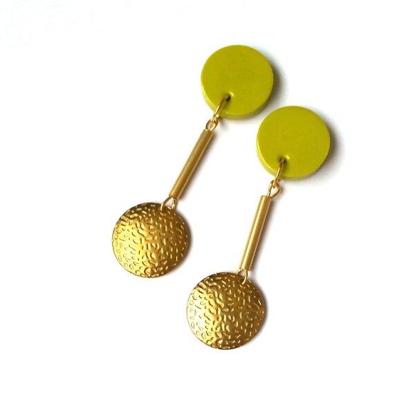 Chartreuse Statement Geometric Gold Brass Long Orb Minimalist Circle Earrings FREE UK SHIPPING