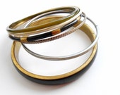 Vintage 1970's Boho Stacking Bangles Set of 6 Brass Glass Mother of Pearl