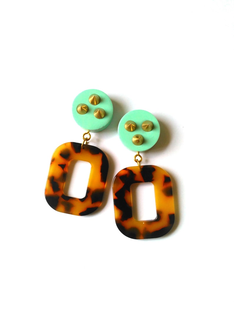 Tortoiseshell Hoop Earrings Tortoise Shell Mint Brass Statement Earrings Large Hoops Retro Pin Up FREE UK SHIPPING