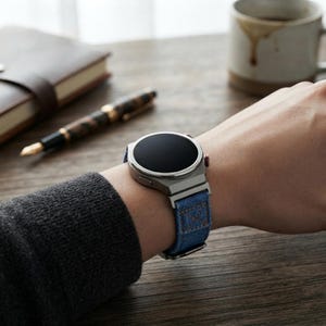 Puede incluir: Un reloj inteligente con una caja metálica redonda de tono plateado y una pantalla negra. El reloj cuenta con una correa de tela vaquera azul con detalles de costuras marrones visibles. El dispositivo se lleva en la muñeca, mostrando el contraste.