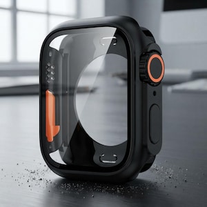 May include: A black protective case for a smartwatch featuring a clear screen cover, a side button with a bright orange circular accent, and an orange rectangular detail on the left side. The frame is matte black with a smooth, rounded design.