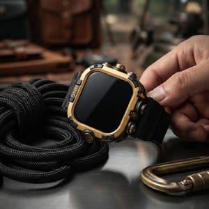 Pode incluir: Um smartwatch digital com ecrã preto quadrado emoldurado numa estrutura metálica de tom dourado com detalhes pretos. O relógio inclui uma bracelete de silicone preta e botões laterais com a palavra SPORT num design industrial.