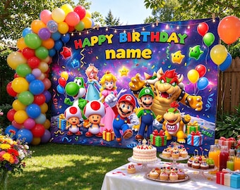 Tapiz de pared personalizado de Super Mario para cumpleaños, decoración de fiesta con temática galáctica y nombre personalizado