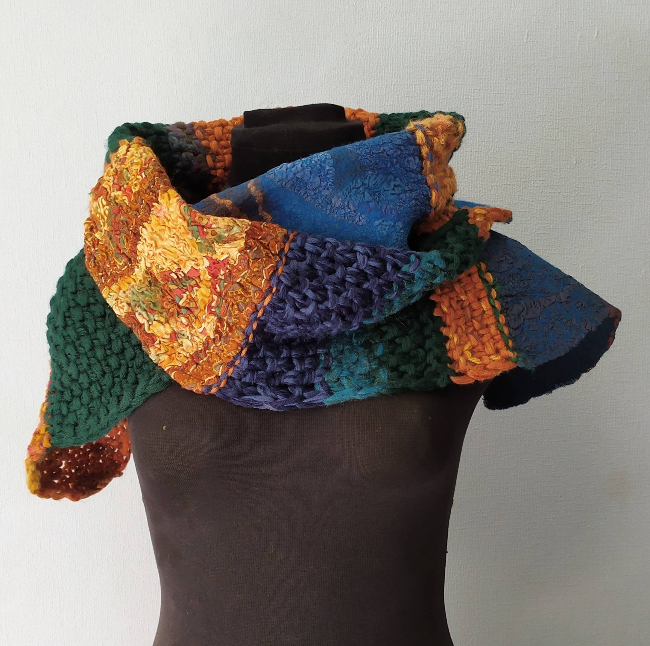 Unusual scarf Knitted Felted colorful thick crochet scarf Etsy