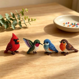 May include: Four small bird figurines crafted from tiny beads. The set includes a bright red cardinal, a green and white hummingbird with purple wing accents, a blue and white bird, and a brown bird with an orange chest, all with black eyes.