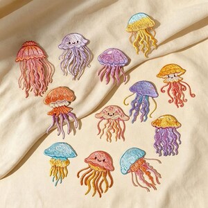 Embroidered Jellyfish Patch, Colorful Ocean Life Applique, Pastel Gradients, Smiling Faces, Iron-On Craft Supply