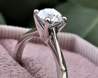 2 Carat Diamond Engagement Ring, Real 14K White Gold, Lab Created Diamond D/VS2 Clarity, Elegant Round Solitaire Proposal Ring For Her