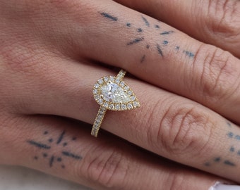 1.21 Ct Pear Cut Diamond Halo Set Engagement Ring, D Color VS1 Clarity, Lab Created Diamond, 14k Yellow Gold, Round Cut Side Stone, Women