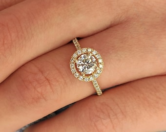 1.10 Carat Halo Diamond Ring, 14k Real Yellow Gold, Certified Lab Diamond D/VS1, Prong Setting, Round Engagement Ring, For Women