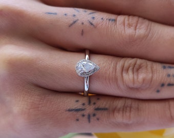 Pear Cut Diamond Halo Set Engagement Ring, 14k Solid White Gold Ring, Lab Created Diamond 0.50 Carat D/VS1, For Women