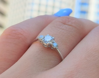 3 Stone Diamond Engagement Ring, 14k Solid White Gold, Certified 0.45 Ct D/VS1, Round Lab Created Diamond, Ring for Women
