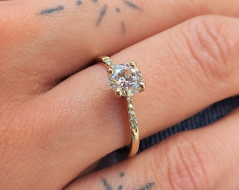Gold Engagement Ring, Real Diamond Solitaire Ring, Round Brilliant Stone in Prong Set, Solid 14k Gold, Lab Created Diamond D/VS1, Women