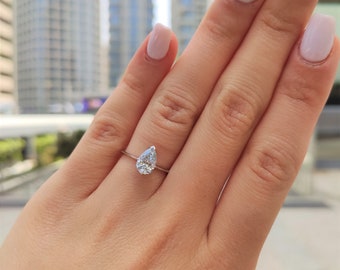 1 Carat Pear Diamond Ring, 14k White Gold Engagement Ring, Real Lab Grown Diamond, Pear Shape Stone in Prong Set, Ring for Women