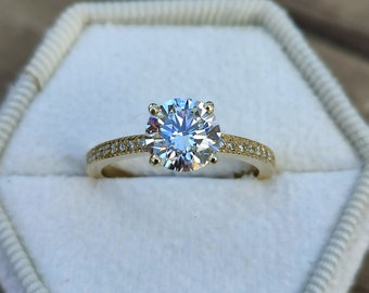 1.81 Ct Round Cut Diamond Solitaire Ring, D/VS1 Clarity Lab Grown Diamond, 14k Yellow Gold Engagement Ring, Pave Set Side Stone, Women